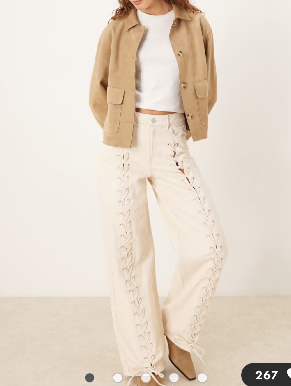Cream Lace Up Denim Straight Leg High Waiat Jeans L